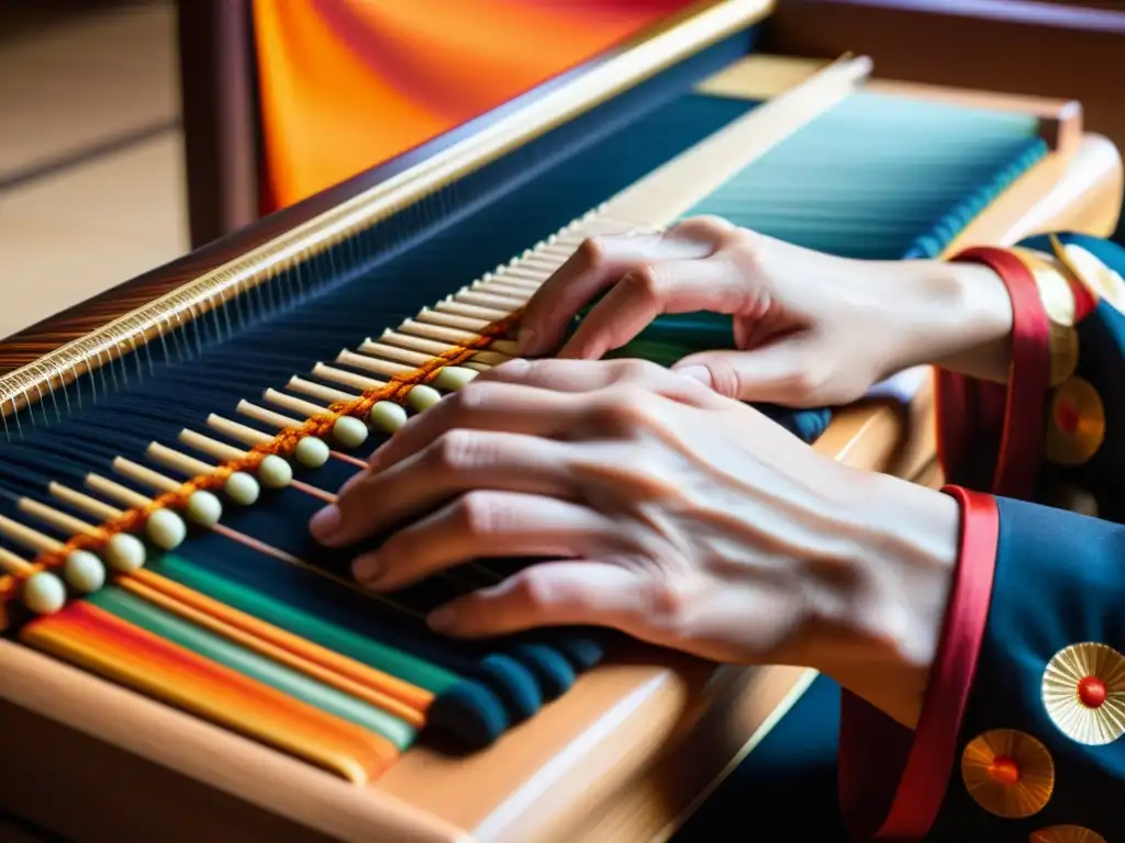 Manos delicadas del koto japonés crean una melodía encantadora en un entorno tradicional japonés