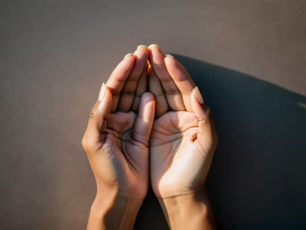 Las manos forman el Chin Mudra, con detalles visibles y luz suave, destacando el significado meditativo de este gesto