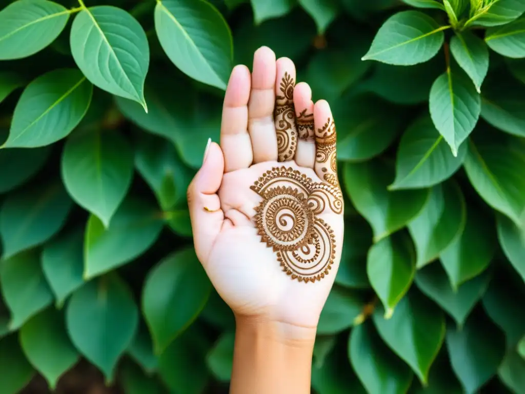 Manos en mudra, simbolizando la conexión espiritual del yoga como camino hacia la iluminación, con diseños de henna y entorno sereno