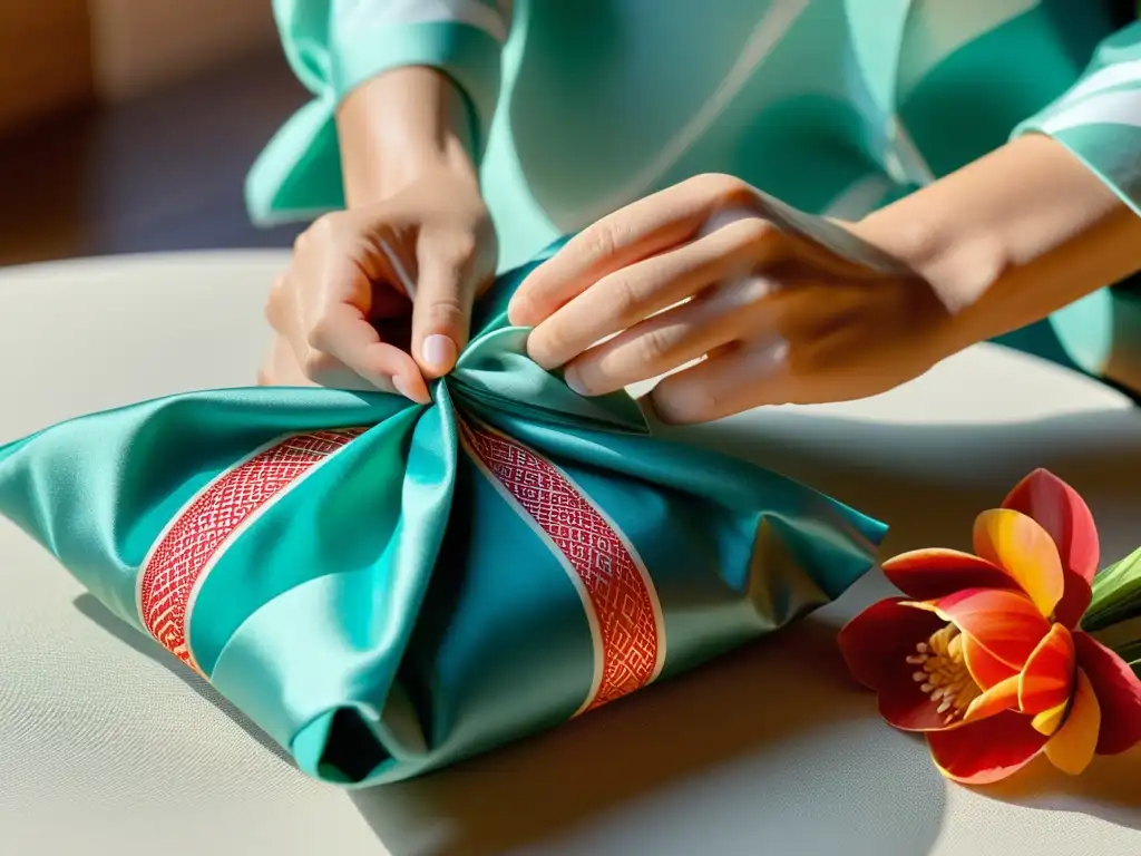 Manos expertas realizan el arte del Furoshiki japonés sostenible en una envoltura elegante y colorida