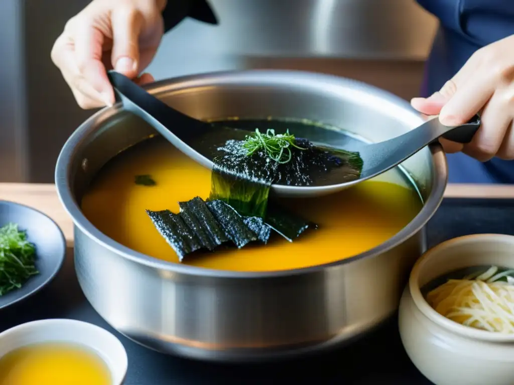 Las manos expertas de un chef preparando la Sopa de algas coreana receta tradicional, capturando la esencia de la tradición culinaria