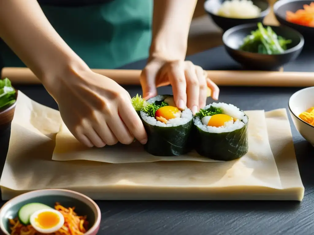 Unas manos expertas preparan gimbap coreano tradicional con meticulosidad y cuidado, capturando la esencia de la auténtica experiencia de hacer gimbap