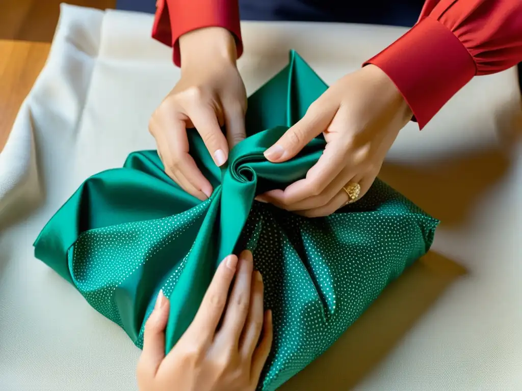 Manos expertas envuelven con elegancia un regalo con tela Furoshiki japonesa, demostrando el arte del Furoshiki japonés sostenible