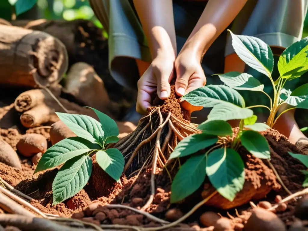 Manos expertas cosechan ginseng en un bosque coreano, resaltando los beneficios del ginseng en la cosmética coreana