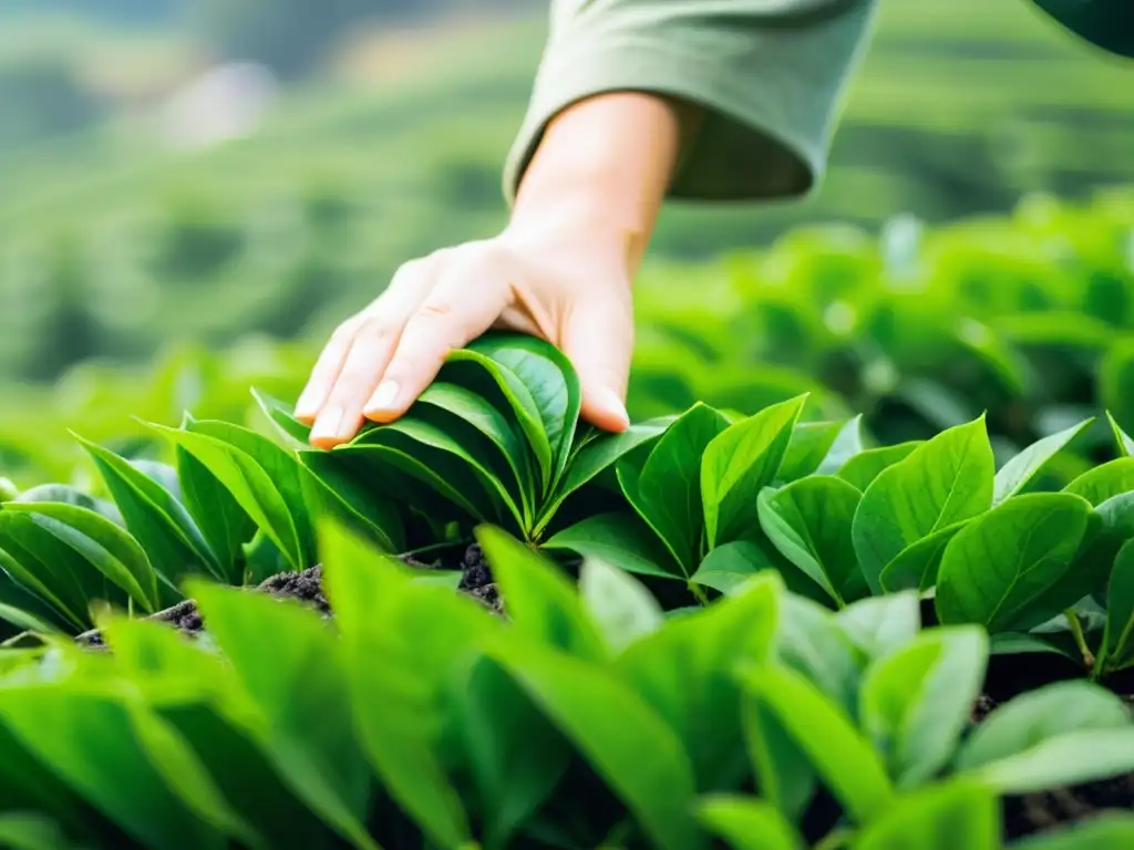 Manos expertas cosechando hojas de té verde en una plantación, transmitiendo la esencia natural y los beneficios del té verde para la belleza