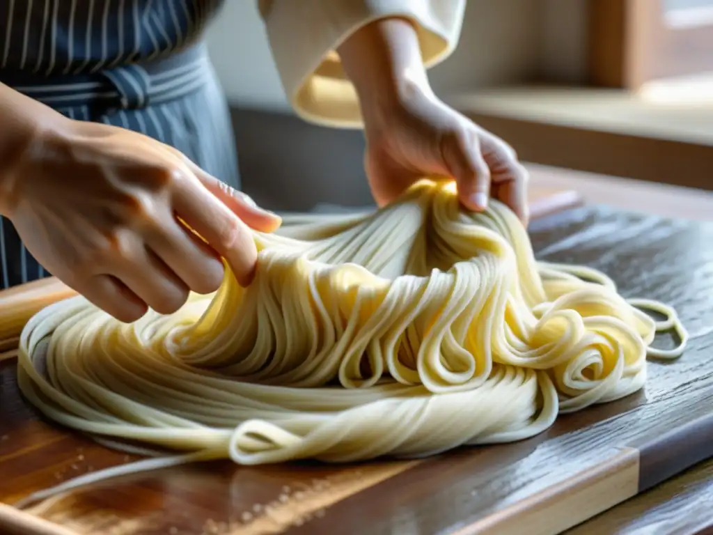 Unas manos expertas trabajan la masa para crear fideos Janchi Guksu en una escena cálida y tradicional de celebración coreana