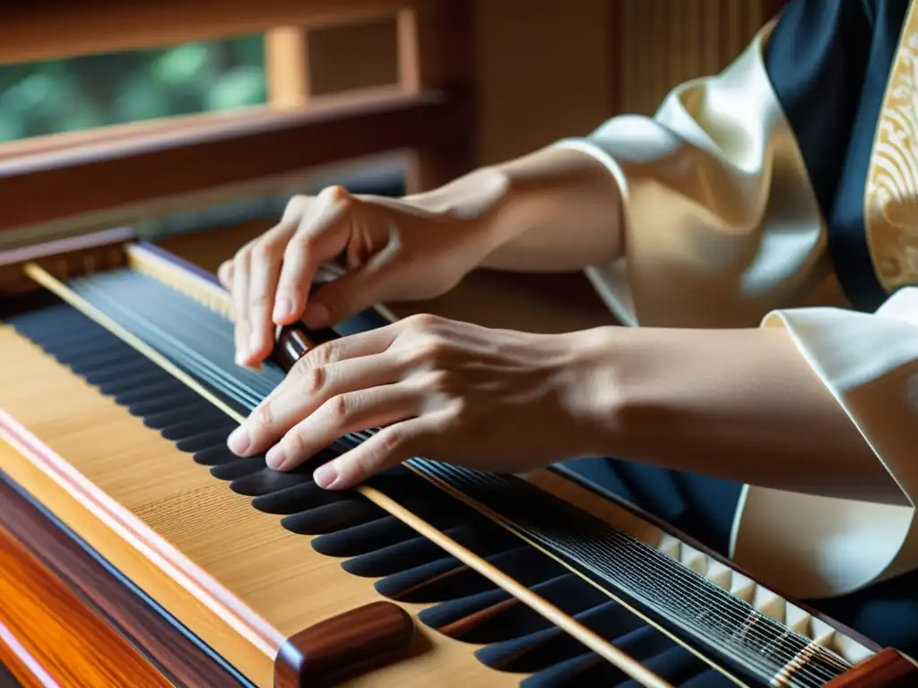 Las manos expertas de un músico japones, tocando con delicadeza el koto, resaltando la elegancia y la tradición