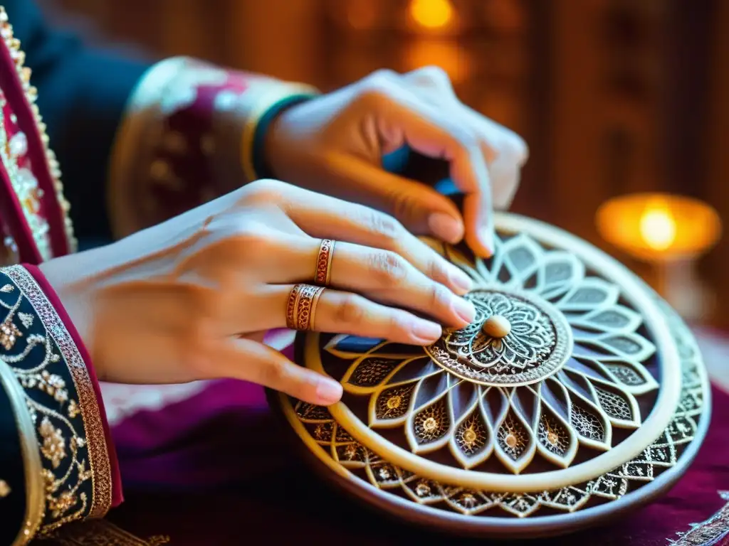 Las manos expertas de un músico interpretando melodías hipnotizantes del santur persa, con patrones de henna y una atmósfera cultural envolvente