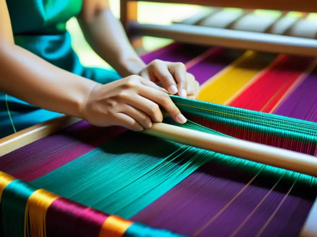 Manos expertas tejiendo seda tailandesa, mostrando la historia y arte detrás de los trajes tradicionales de Tailandia