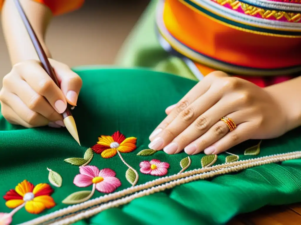 Manos expertas bordando un traje vietnamita con arte del bordado vietnamita tradicional, mostrando meticulosidad y color