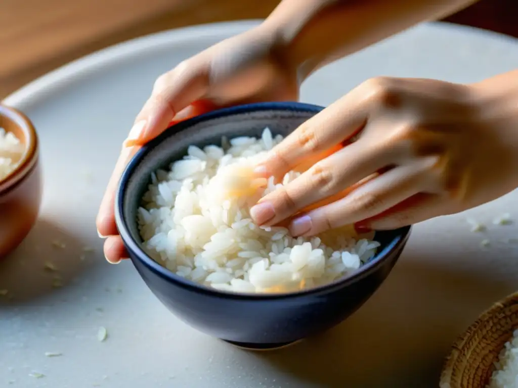 Manos femeninas preparando mascarilla facial de arroz casera en cuenco de cerámica, resaltando los beneficios del arroz para piel