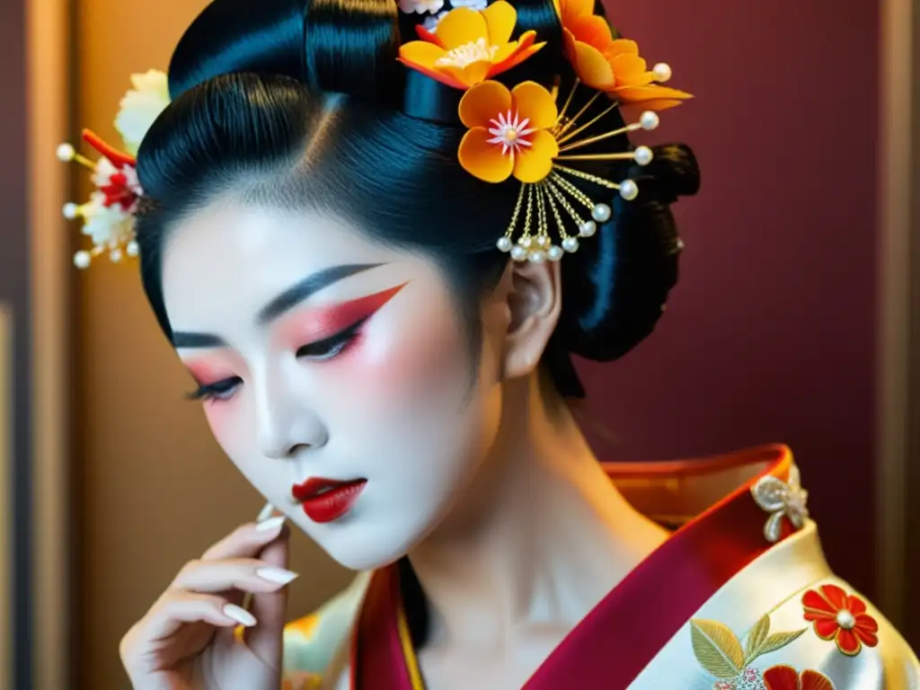 Las manos de una geisha moderna colocan con delicadeza un adorno floral, fusionando rituales de belleza de geishas modernas