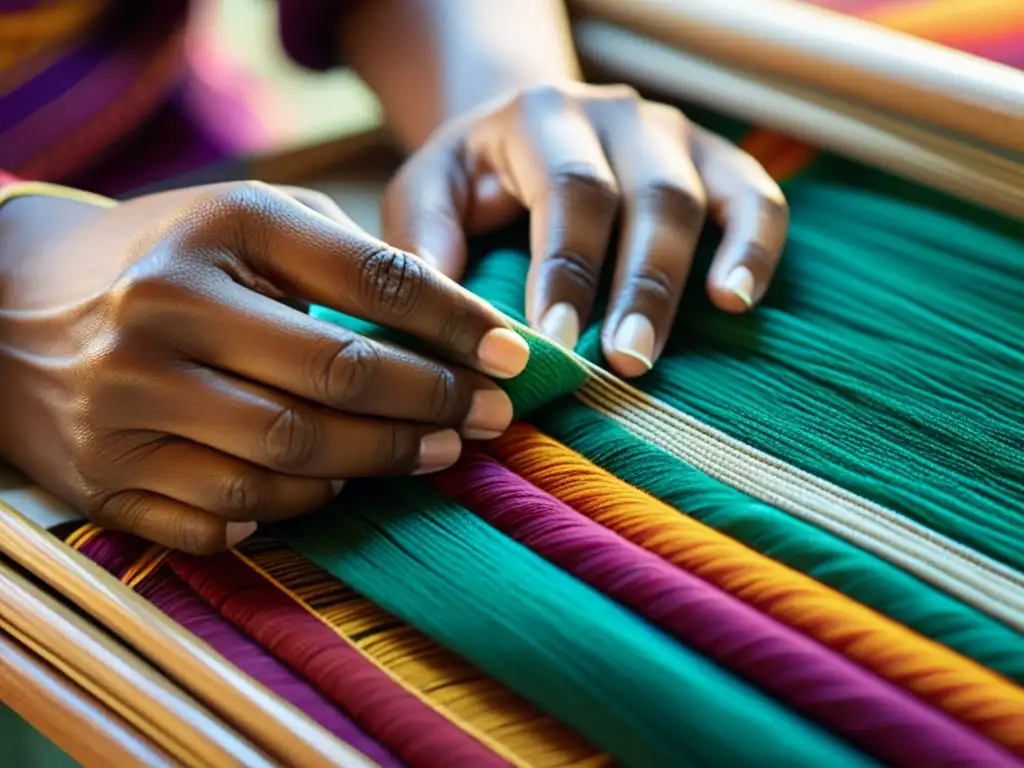 Manos hábiles tejiendo patrones en tela exótica para la moda de lujo asiática