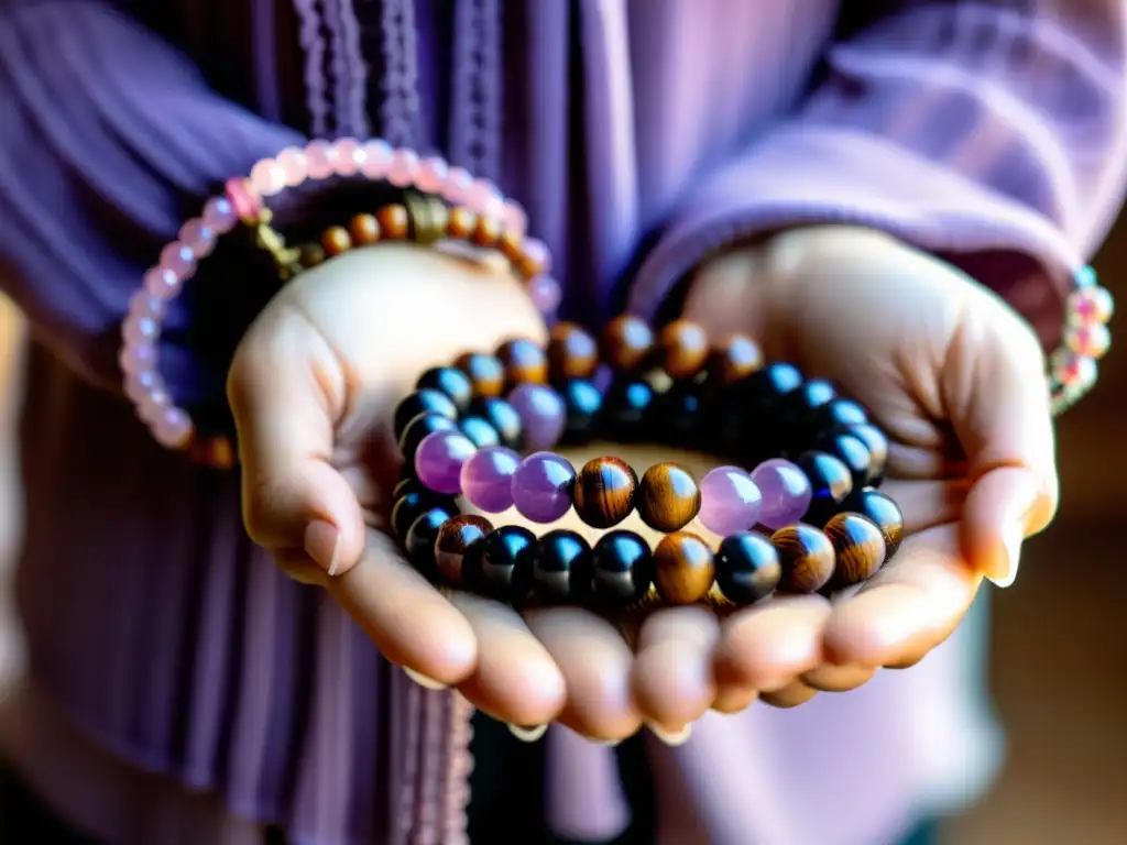 Manos sosteniendo un hermoso mala con cuentas de madera, cuarzo rosa y amatista, transmitiendo paz y poder espiritual en la meditación