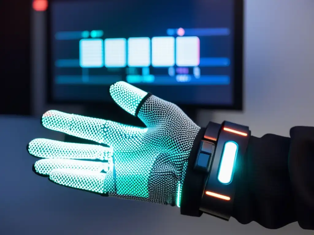 Unas manos manipulan hologramas con guantes inteligentes tecnología japonesa en un laboratorio futurista