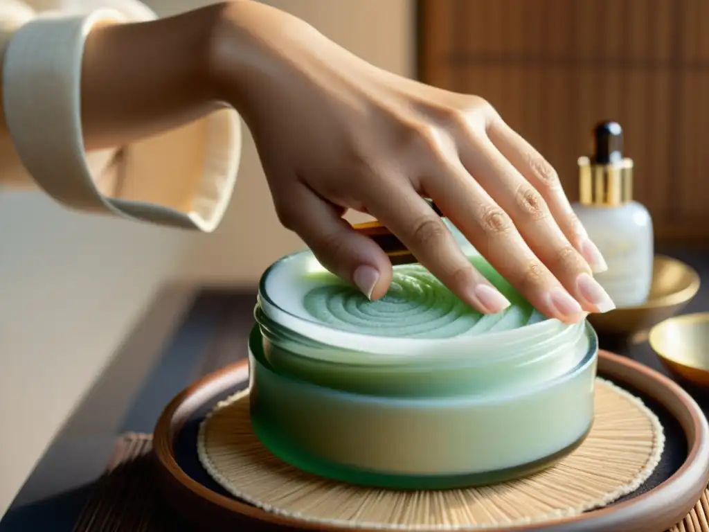 Manos japonesas aplicando cuidado facial tradicional con delicadeza y elegancia, resaltando la meticulosidad y el arte del ritual de belleza japonés