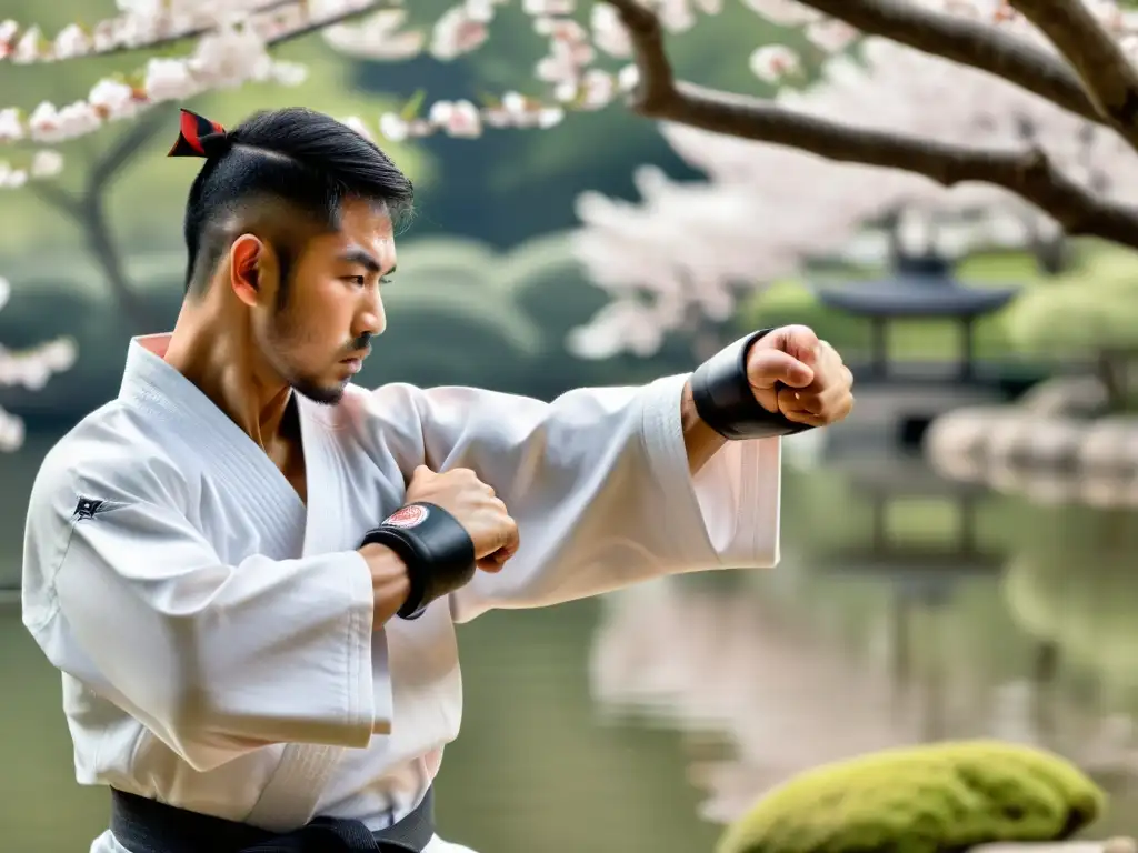 Manos de maestro de karate golpean con fuerza en jardín japonés, reflejando disciplina y armonía espiritual