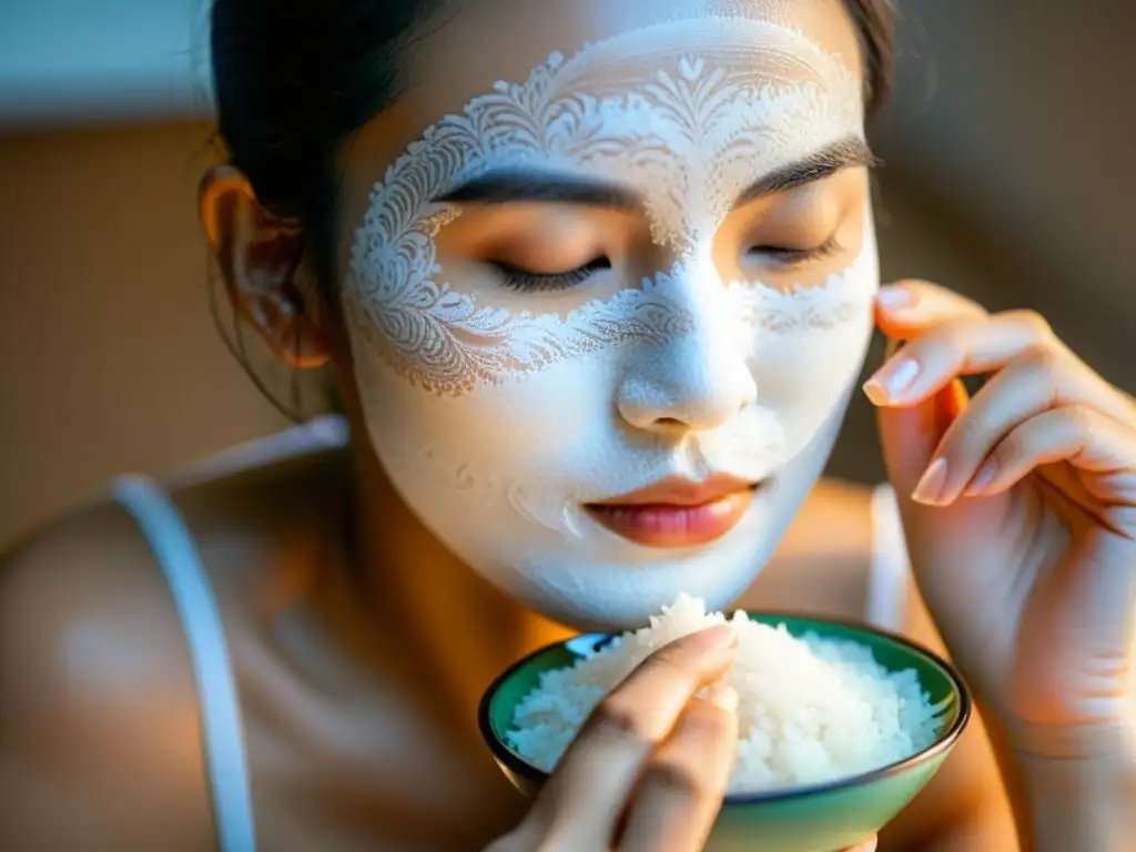 Manos aplicando mascarilla de arroz casera con cuidado, resaltando los beneficios del arroz para piel en una imagen detallada y emotiva