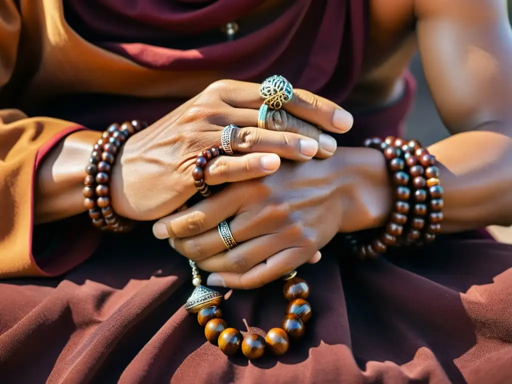 Las manos de un monje budista tibetano sostienen un poder espiritual rosario de madera de sándalo, rezando con devoción a la luz de las velas