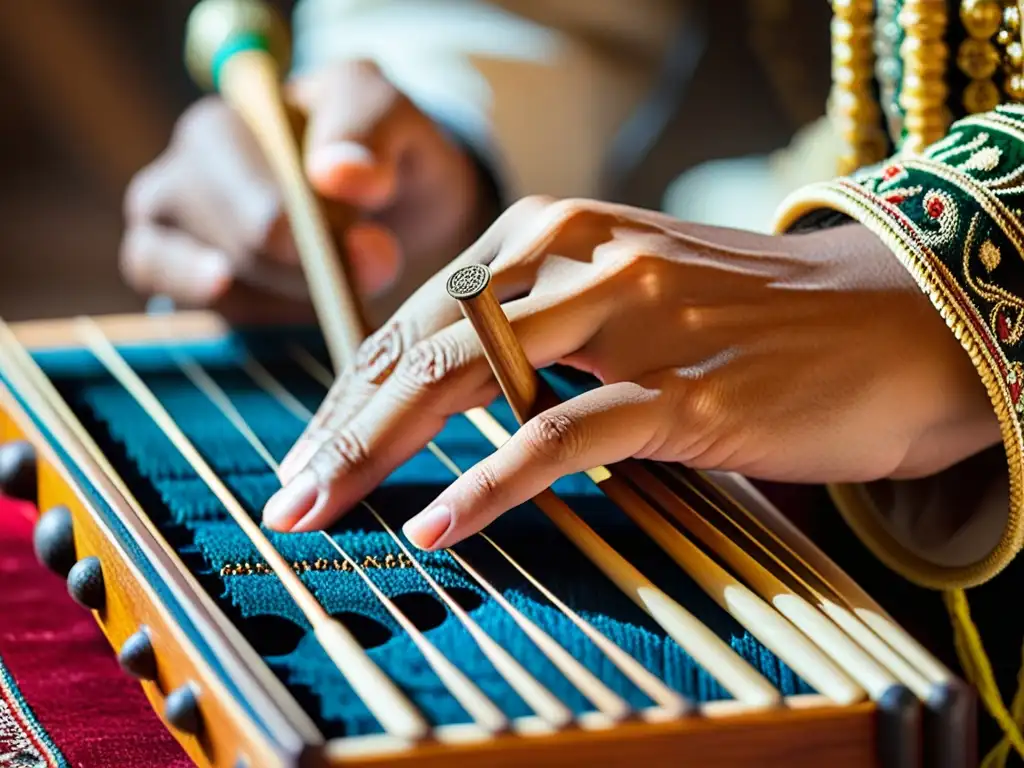 Las manos de un músico crean melodías hipnotizantes con un santur persa, resaltando la artesanía y la maestría musical