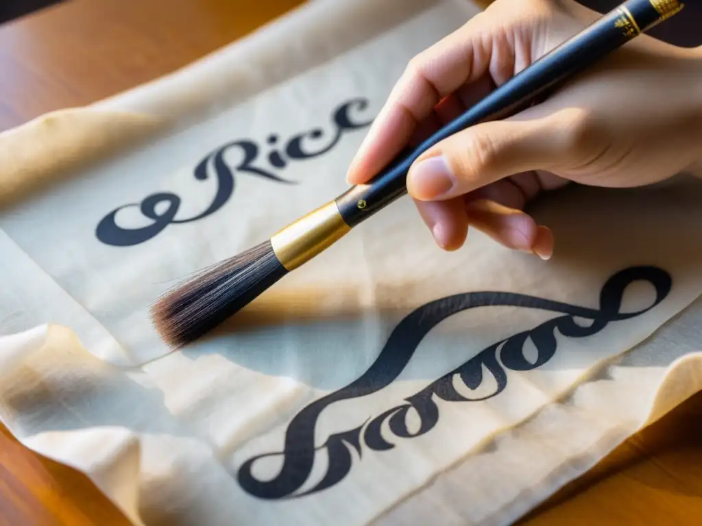 Manos sosteniendo un pincel de caligrafía sobre papel de arroz, listas para la práctica de mindfulness a través de la caligrafía zen