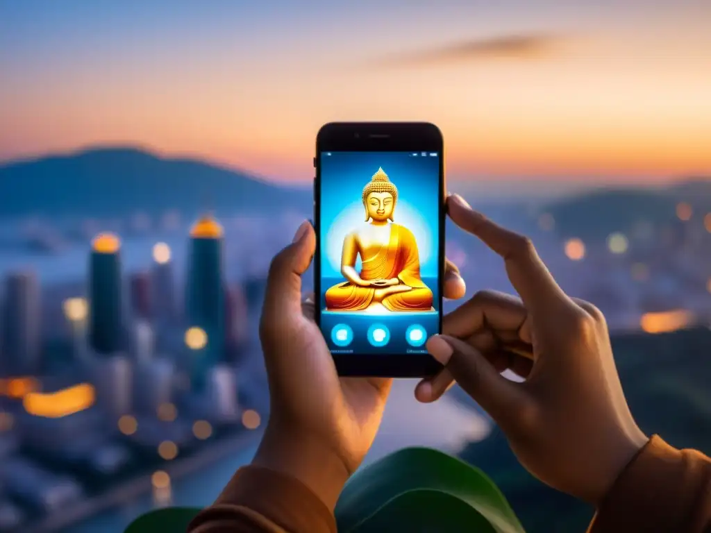 Manos sostienen smartphone con Buda en pantalla, reflejando serenidad y fusión de espiritualidad y tecnología en redes sociales