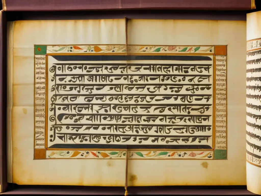 Manuscrito antiguo de India con caligrafía e ilustraciones detalladas, evocando belleza literaria y lirismo en prosa