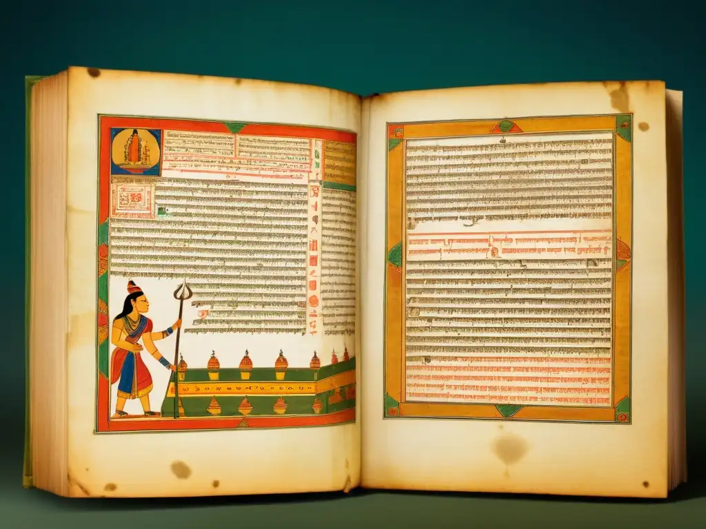 Manuscrito antiguo de la India con coloridas ilustraciones que representan las herramientas de lógica Nyaya, envejecido y delicado