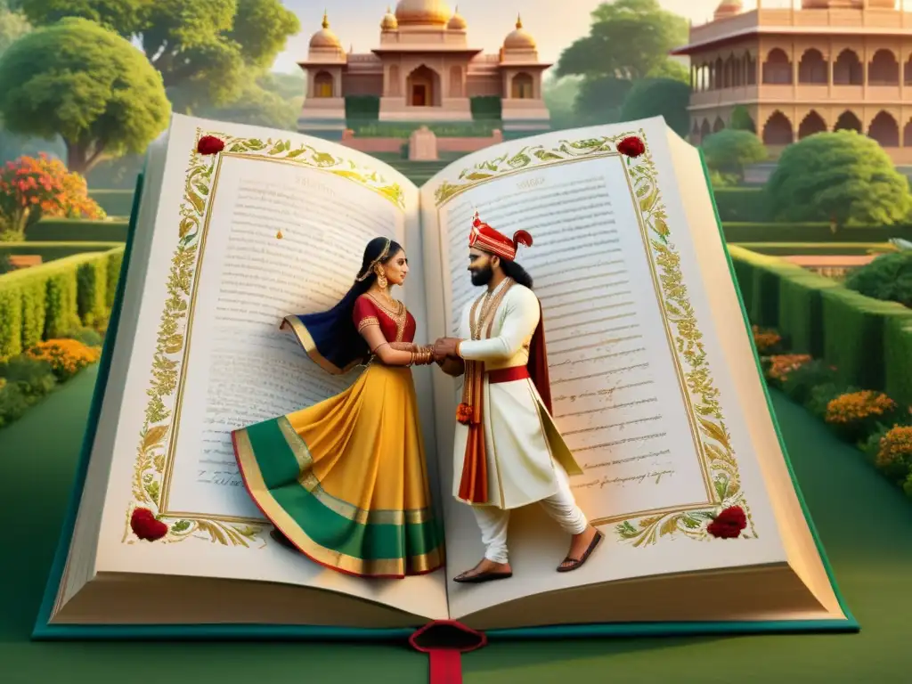 Manuscrito antiguo indio con poesía clásica, amor, ilustraciones detalladas, arquitectura y jardines exuberantes en colores ricos y vibrantes