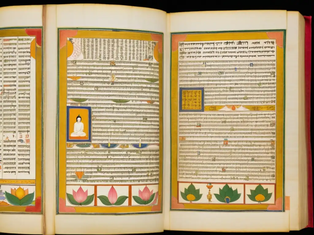 Manuscrito antiguo Jain iluminado por luz natural, con ilustraciones detalladas y la influencia del Sutra del Loto mensaje transformador