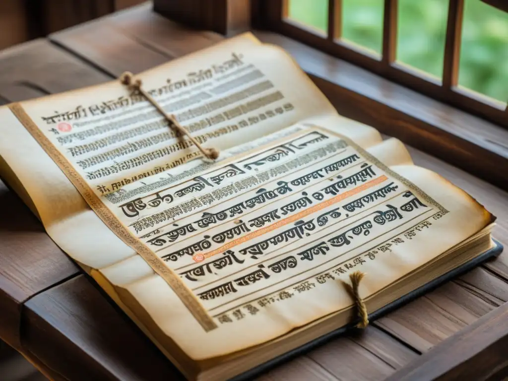 Manuscrito antiguo de Upanishad en mesa de madera, iluminado por luz natural