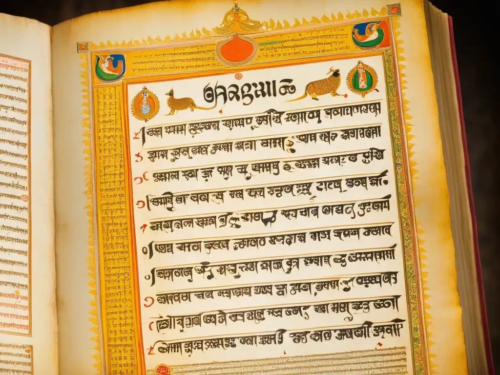 Manuscrito antiguo de Bhagavad Gita en pergamino amarillento con ilustraciones detalladas y escritura sánscrita