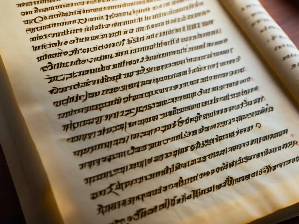 Manuscrito antiguo en sánscrito iluminado por luz cálida, mostrando la filosofía Madhyamaka Budismo Nagarjuna