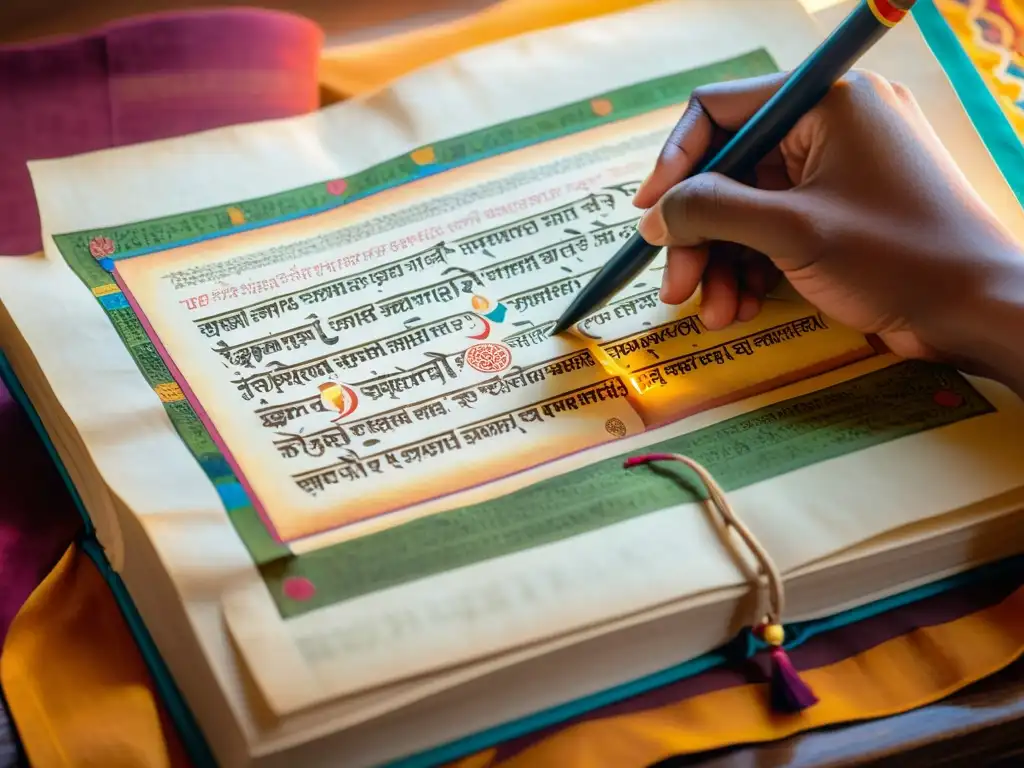 Manuscrito antiguo de los Upanishads con caligrafía sánscrita y coloridas ilustraciones, bañado en cálida luz natural