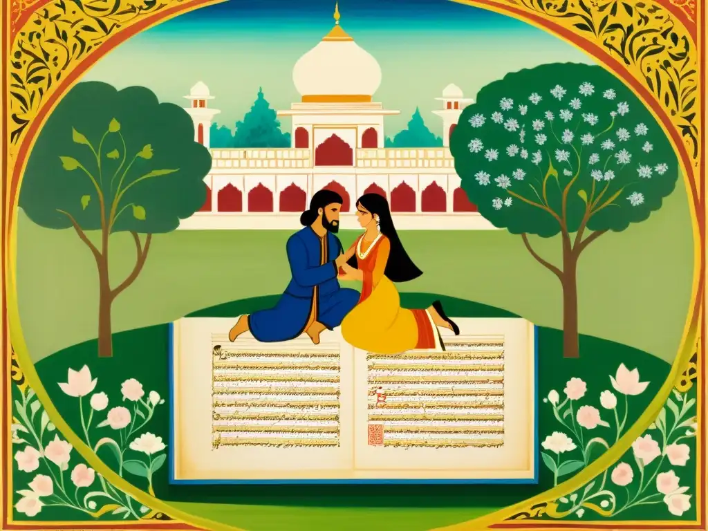 Manuscrito antiguo con poesía clásica india amor: amantes intercambian versos en jardín exuberante, rodeados de flores y arquitectura elegante