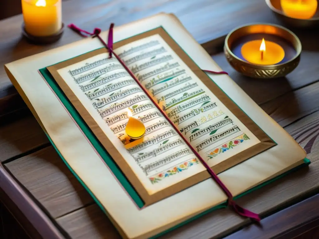 Manuscrito de poesía clásica india amor, con delicada caligrafía y coloridas ilustraciones, iluminado por luz cálida en mesa de madera vintage