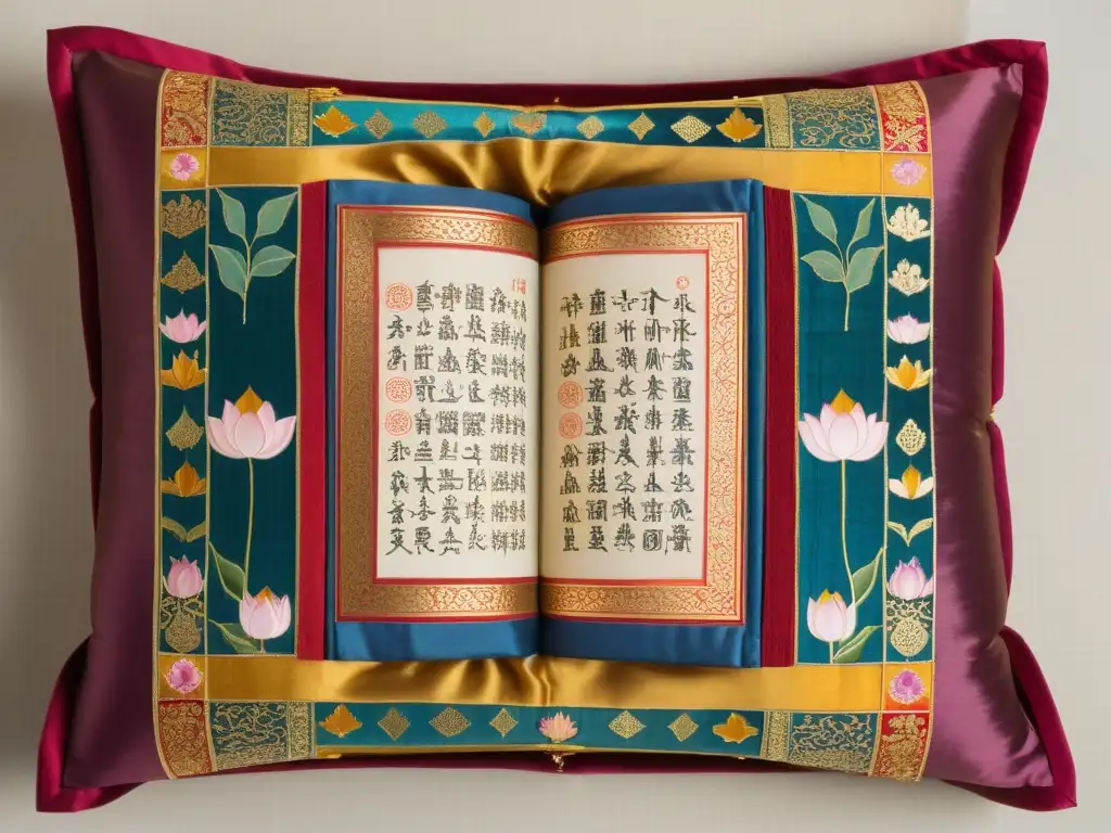 Manuscrito iluminado del Sutra del Loto en Budismo Mahayana, con detalles en oro y colores vibrantes, reposando sobre un cojín de seda bordado, bañado por una cálida luz natural