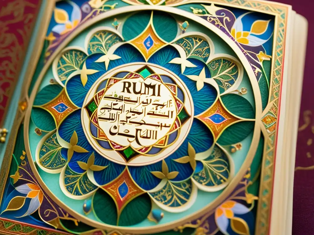 Manuscrito iluminado con poesía persa sufí de Rumi, caligrafía delicada, colores vibrantes y detalles dorados