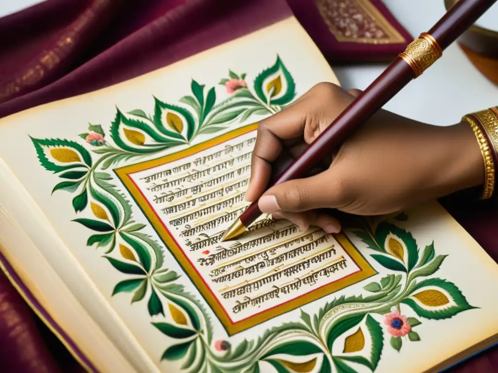 Manuscrito indio pintado a mano con belleza literaria, lirismo y prosa, evocando la riqueza cultural de la India