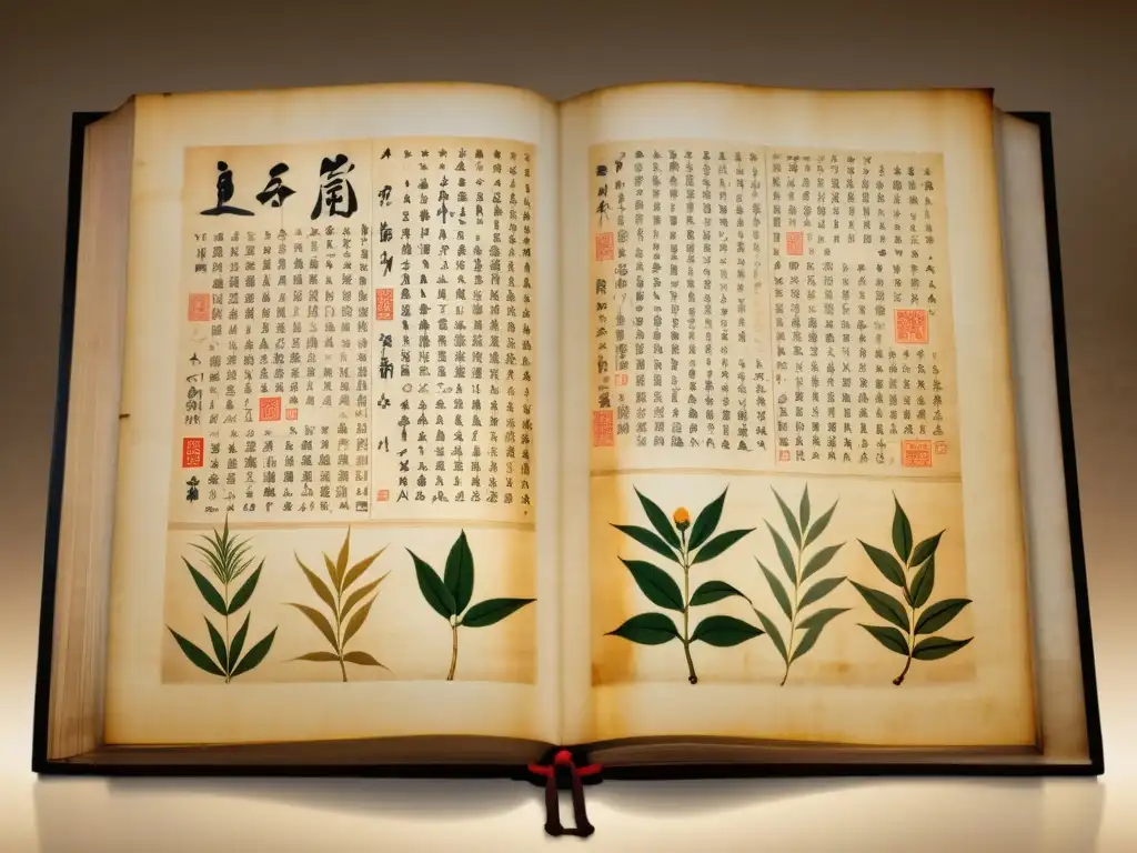 Manuscrito médico chino de la Dinastía Han, iluminado por una cálida luz, revelando la sabiduría de la Medicina China Tradicional Desarrollo Dinastías