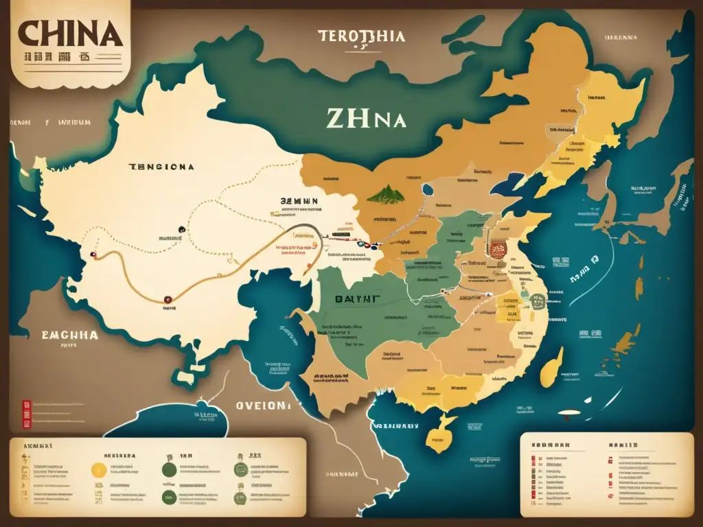 Mapa detallado de la antigua China, destacando la expansión territorial de la Dinastía Zhou en comparación con otras dinastías, con ilustraciones de batallas clave, desarrollos culturales y hitos significativos