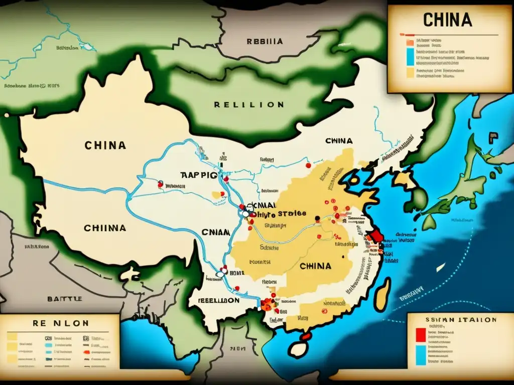 Mapa detallado de China durante la dinastía Qing, resaltando el impacto de la Rebelión Taiping en el país