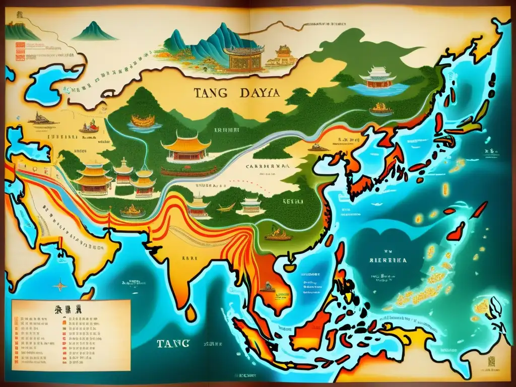 Mapa detallado y colorido de las rutas comerciales de la dinastía Tang, capturando el impacto de la Ruta de la Seda