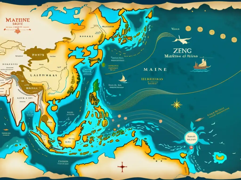 Mapa detallado y envejecido de las exploraciones marítimas de Zheng He, con rutas, puertos y detalles históricos