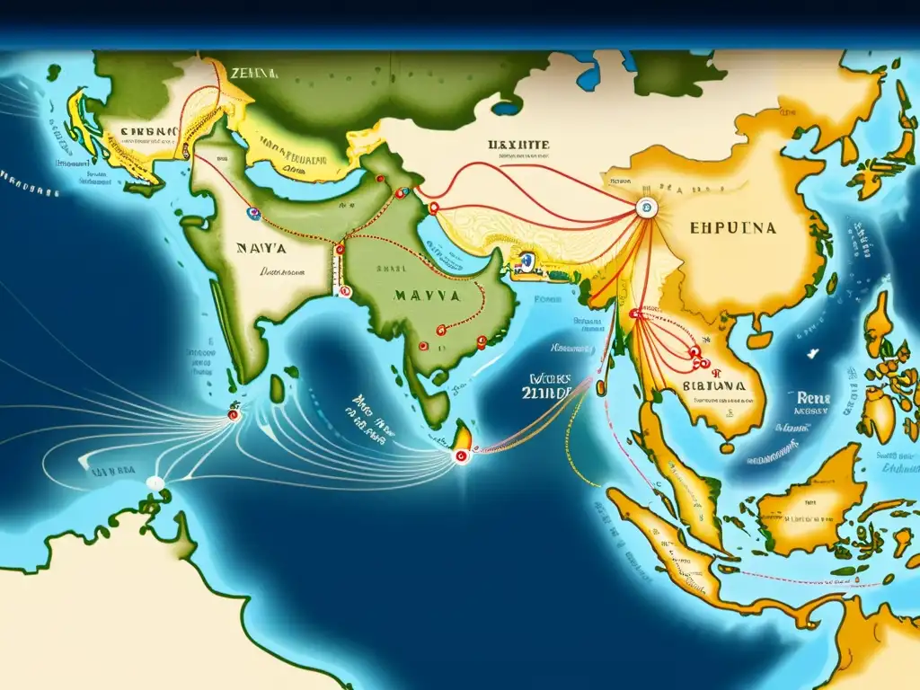 Mapa detallado de las exploraciones marítimas de Zheng He, evocando descubrimientos históricos y rutas comerciales