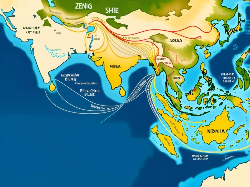 Mapa detallado de las exploraciones marítimas de Zheng He, destacando sus rutas y destinos clave, mostrando su impacto histórico