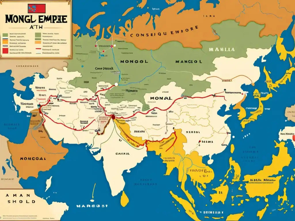 Mapa detallado del Imperio Mongol en su apogeo, con conquistas, rutas comerciales y fortalezas estratégicas