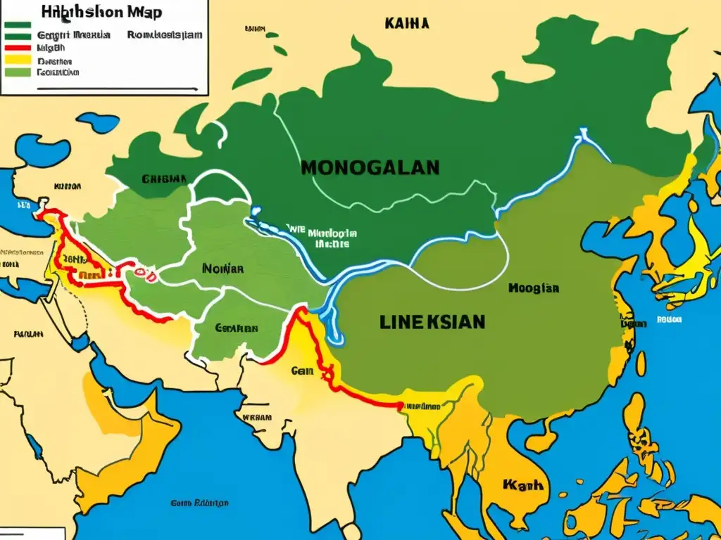 Mapa detallado que muestra la influencia mongola en estructuras de poder a través de las regiones, con líneas e indicadores precisos