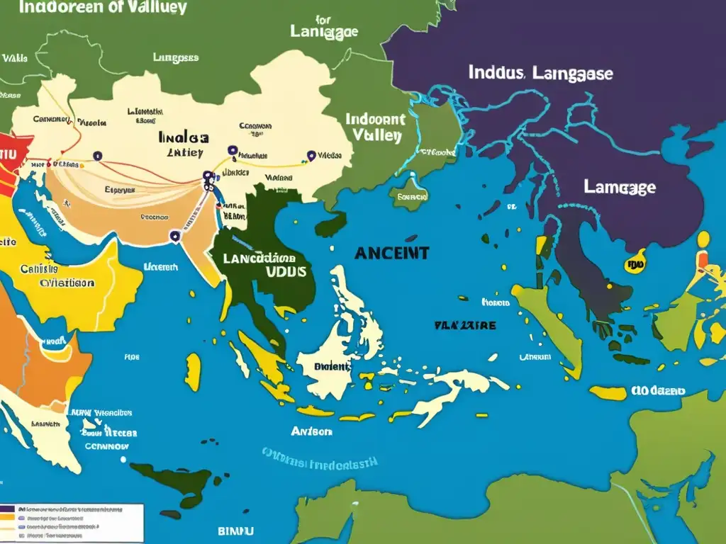 Mapa detallado mostrando la influencia del Valle del Indo en idiomas, con conexiones a lenguas indoeuropeas y la civilización del valle del Indo