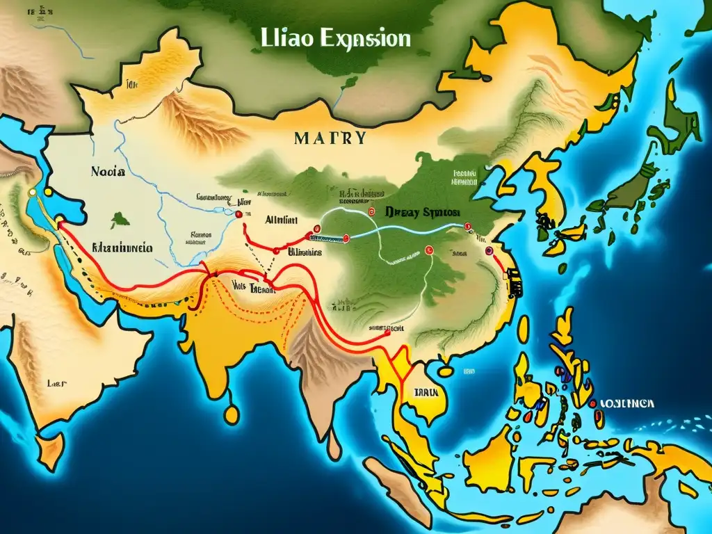 Mapa detallado de la expansión territorial de la Dinastía Liao Mapa detallado mostrando el origen e influencia de la Dinastía Liao a través de sus conquistas militares, rutas comerciales y ubicaciones estratégicas